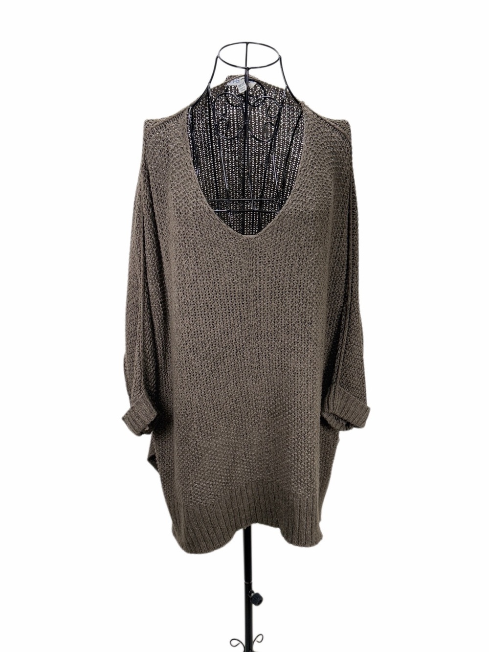 She + Sky Taupe V-Neck Oversized Knit Sweater